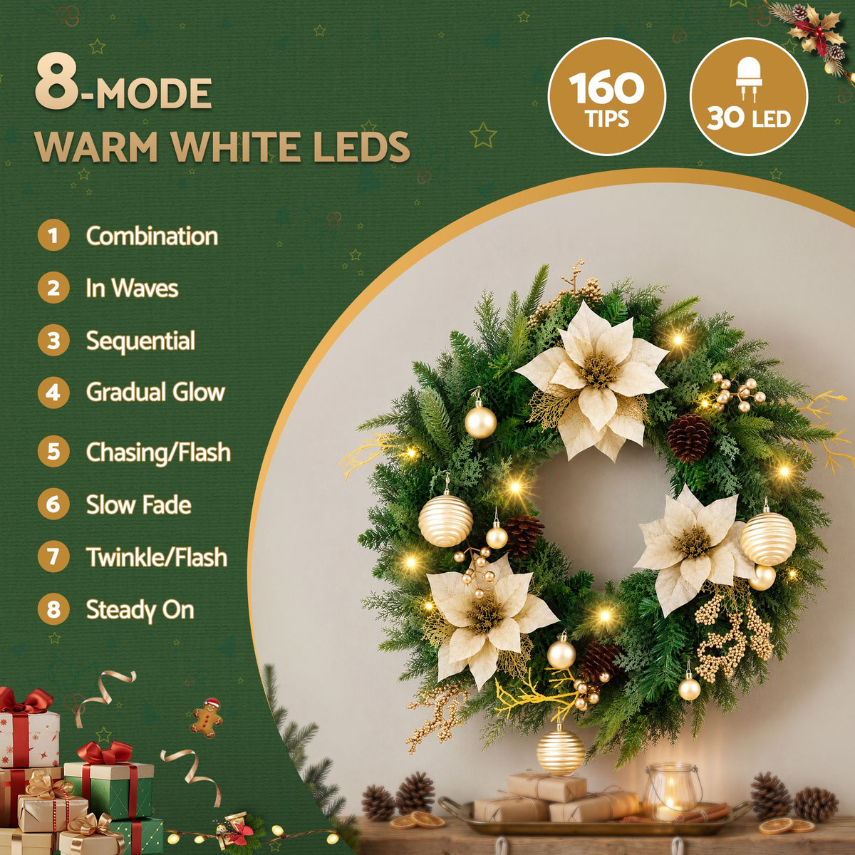 Pre-lit Christmas wreath with warm white LEDs, cream poinsettias, pinecones, gold ornaments