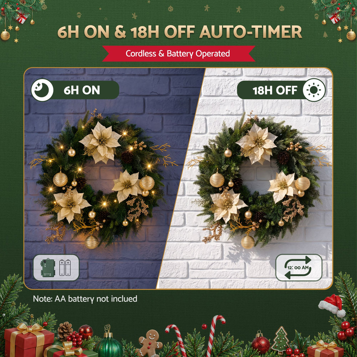 Battery-powered pre-lit Christmas wreath with warm LEDs, cream poinsettias and pinecones