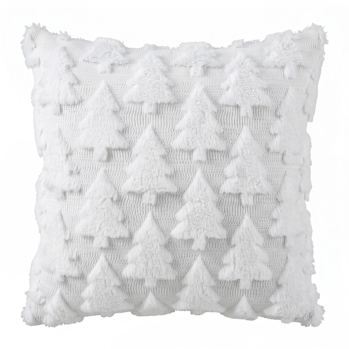 White square Christmas tree pillow cover with raised faux-fur textured jacquard pattern