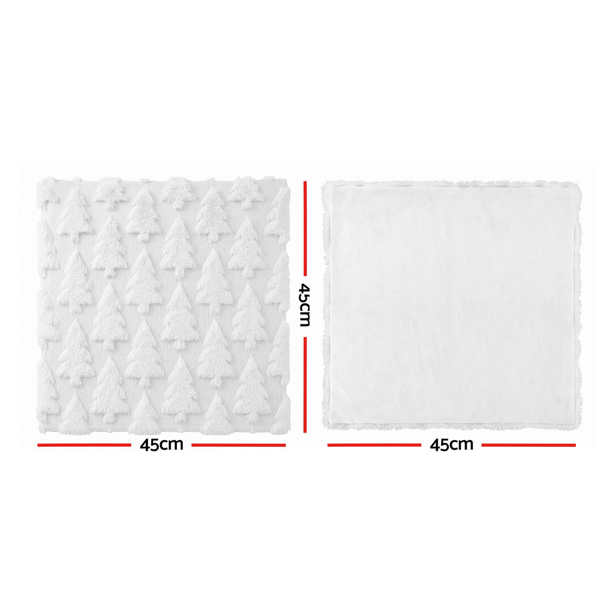 White square pillow cover showing tree pattern, 45 x 45 cm front and back views