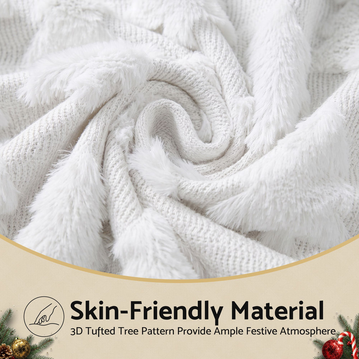 Close-up of white tree jacquard pillow cover with soft faux-fur textured fabric