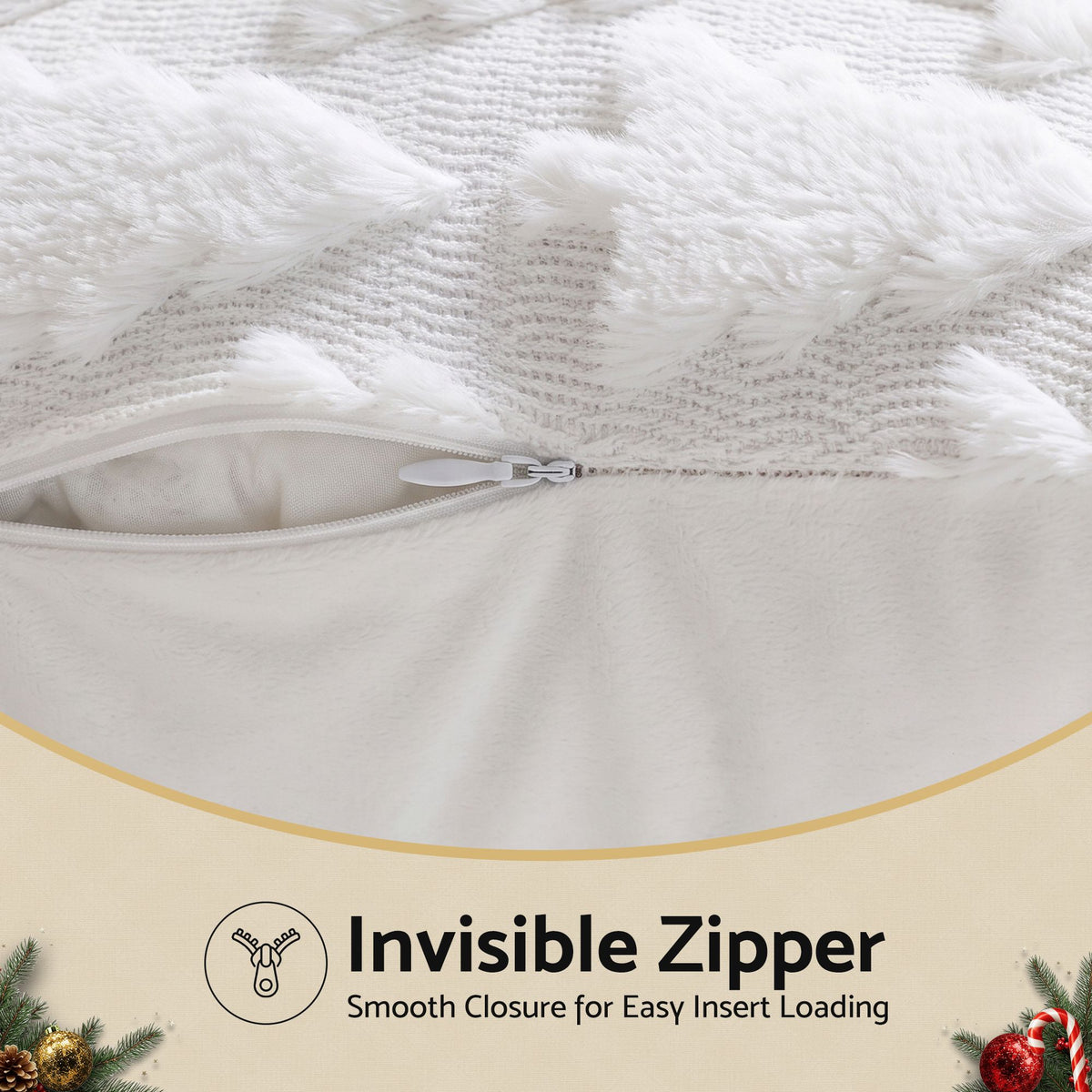 White pillow cover with concealed zipper seam and soft fluffy faux-fur fabric