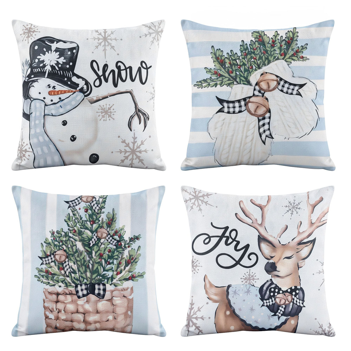 Blue-and-white Christmas cushion cover with snowman wearing a top hat pattern.