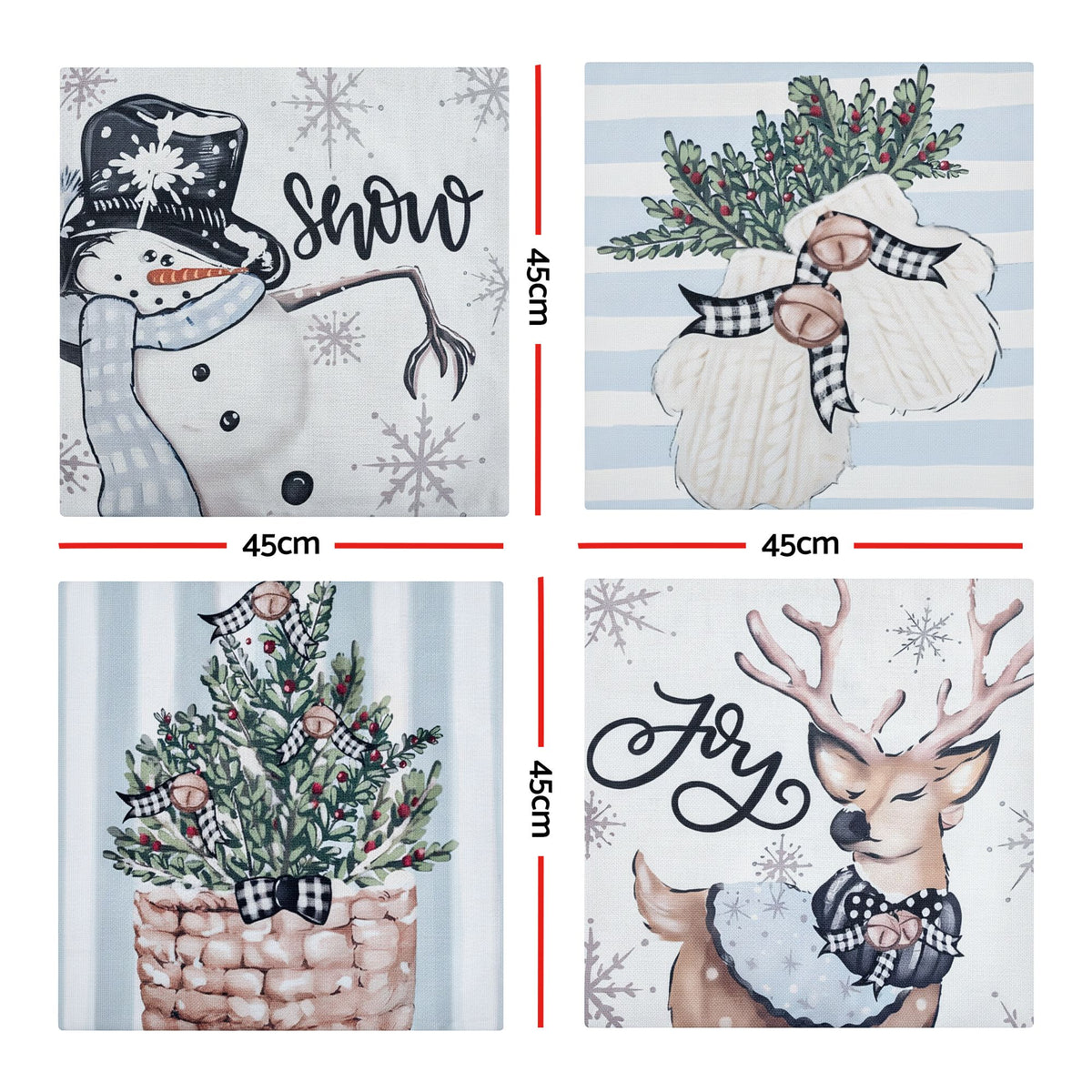 Set of four blue-and-white Christmas cushion covers: snowman, angel, wreath, deer.