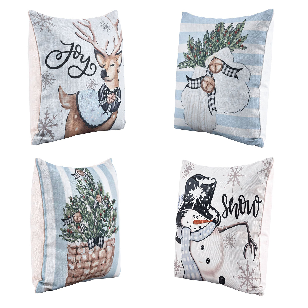 Set of four Christmas cushion covers with deer, angel, snowman and wreath designs.