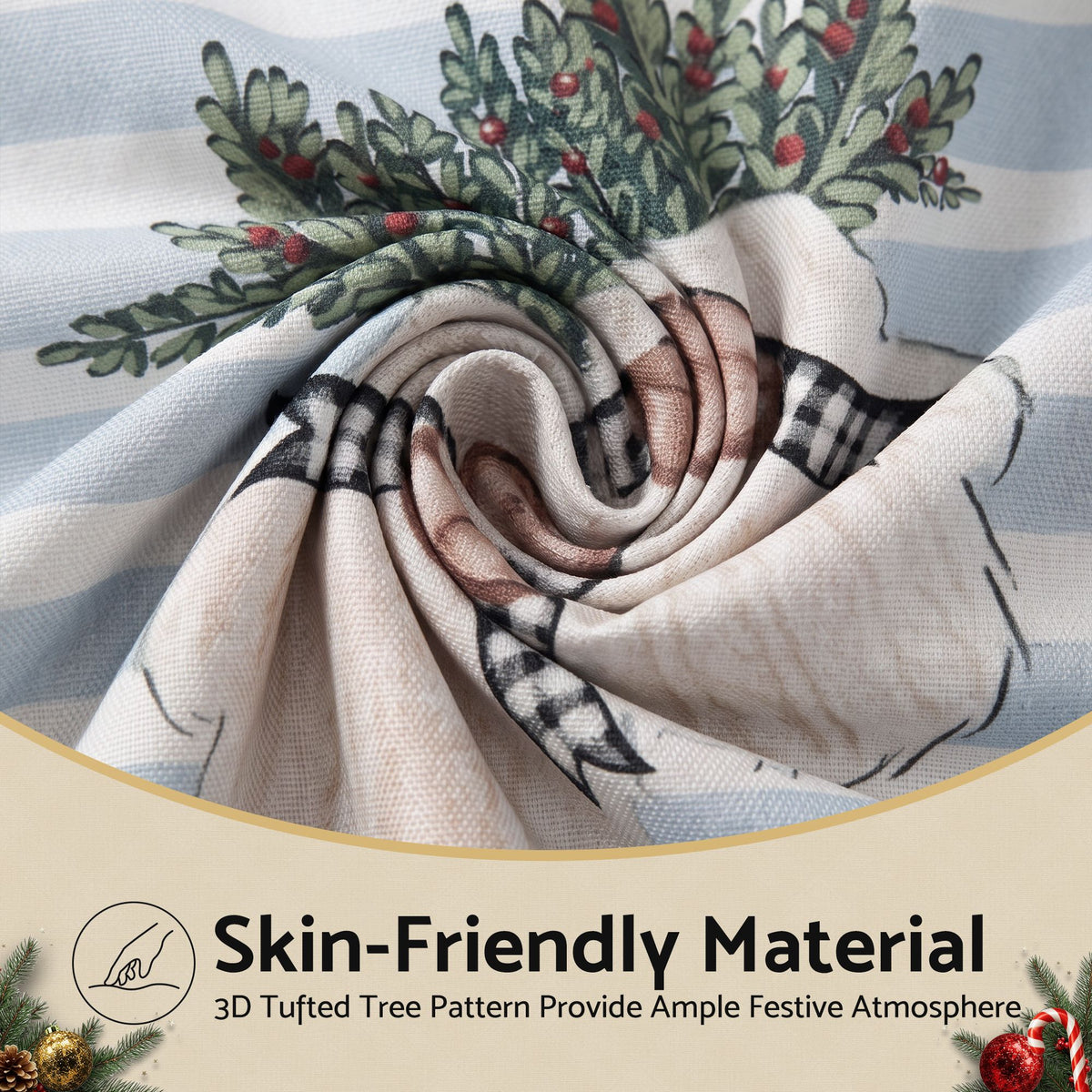 Christmas cushion cover fabric close-up with snowman and striped scarf details.