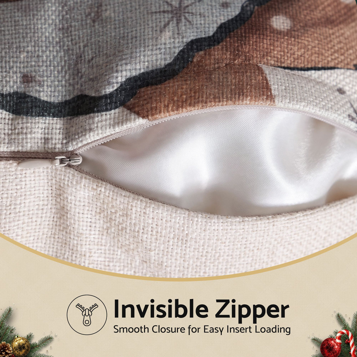 Cream Christmas cushion cover with invisible zipper opening close-up.
