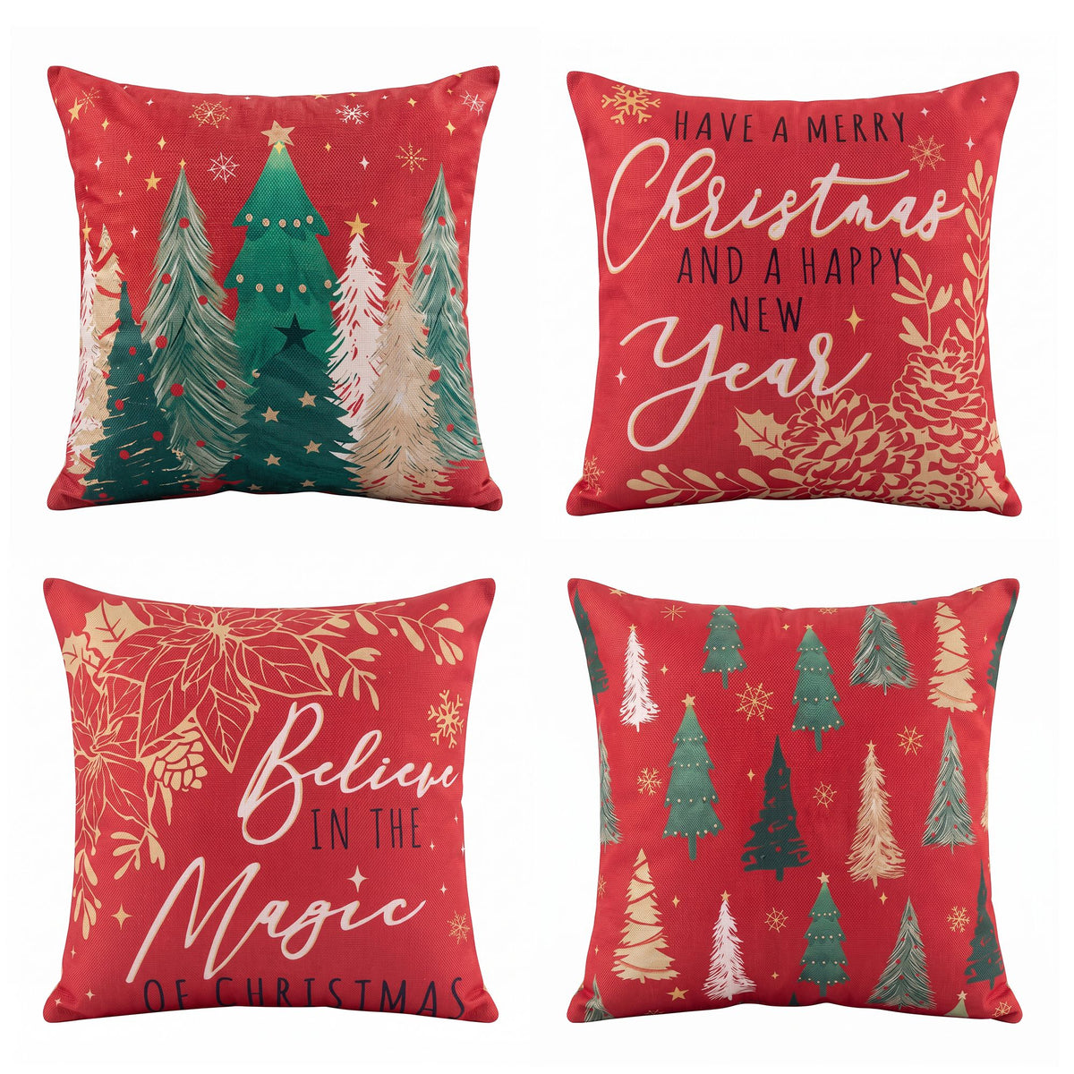 Set of 4 red Christmas pillow covers with four festive front designs