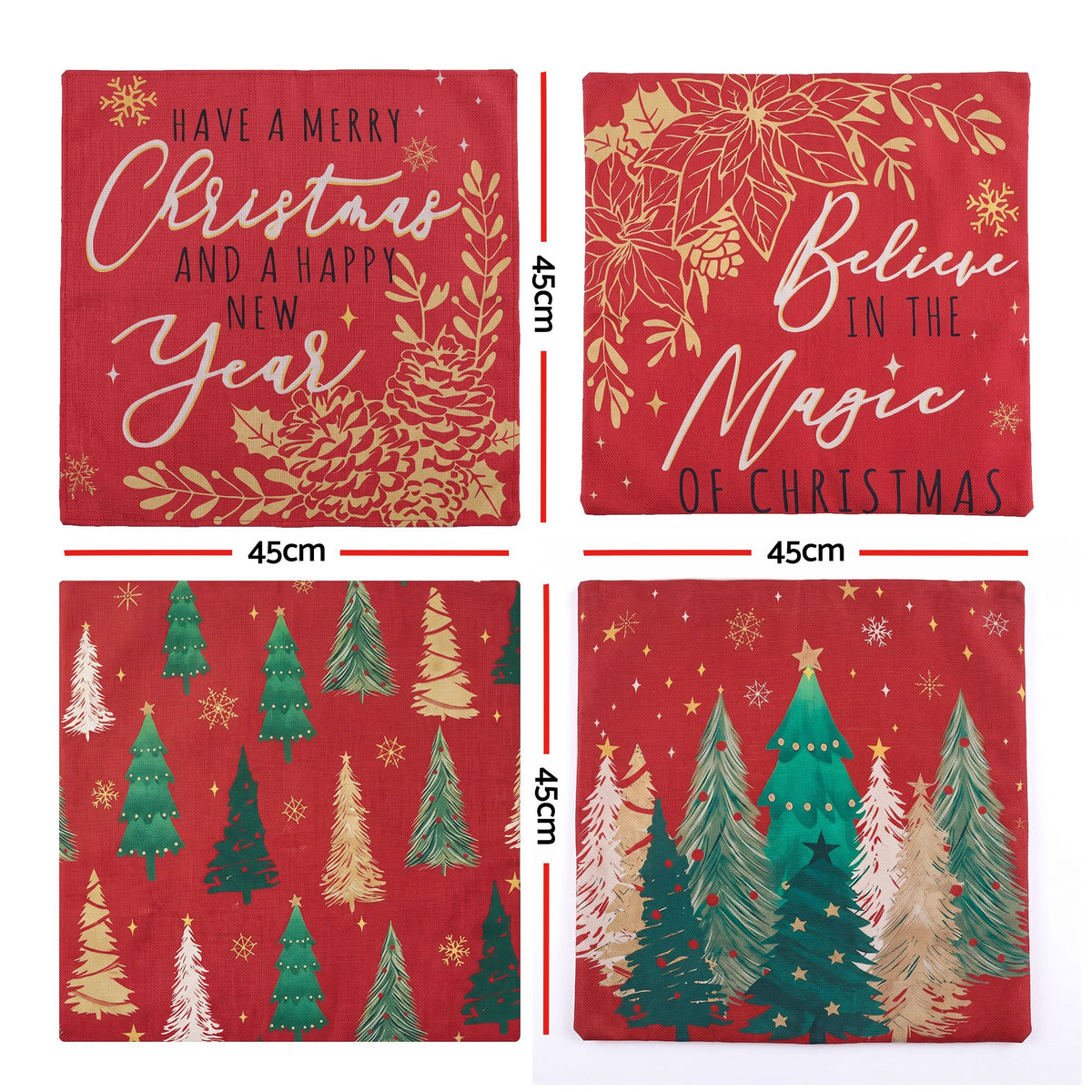 Set of 4 red Christmas pillow covers, 45cm, tree and 'Believe' style patterns