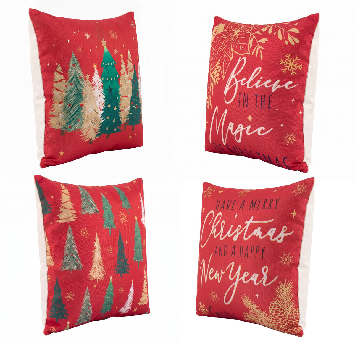 Set of 4 red Christmas cushion covers with tree and greeting prints on square pillows