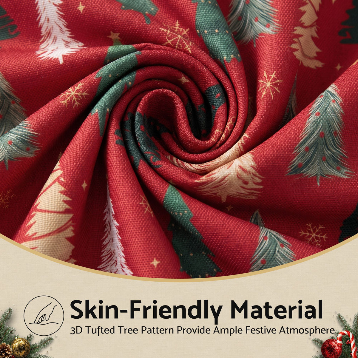 Red Christmas pillow cover fabric close-up with colorful tree and star pattern