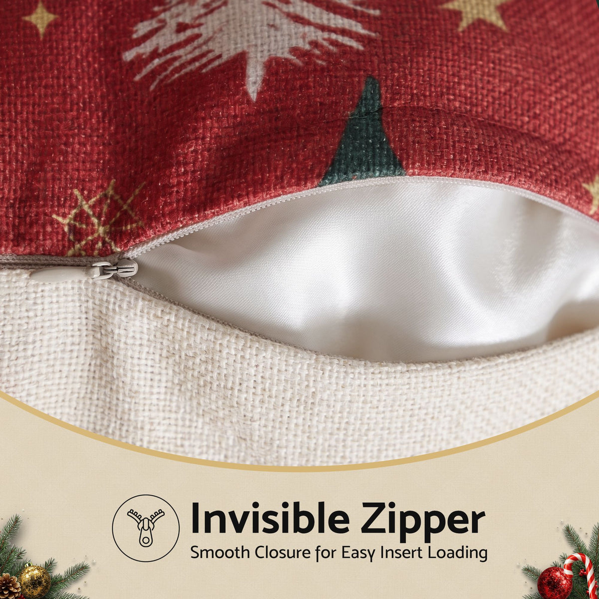 Red Christmas pillow cover close-up showing hidden zipper seam and white backing
