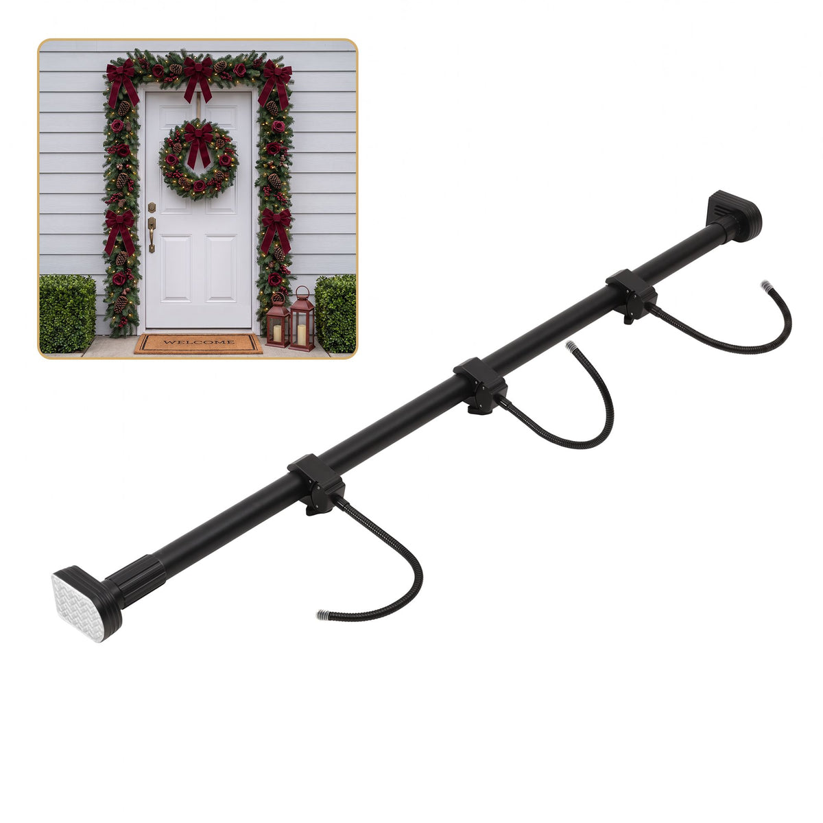 Adjustable door garland hanger with black bar and four curved hooks