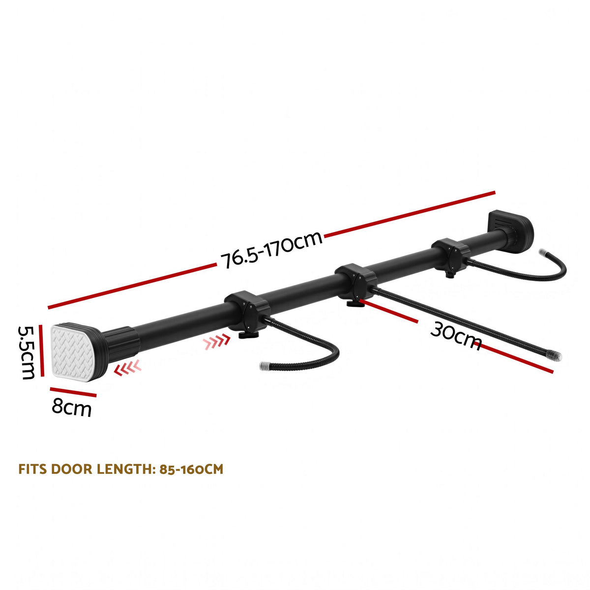Adjustable door garland hanger, black bar with curved hooks and size guide