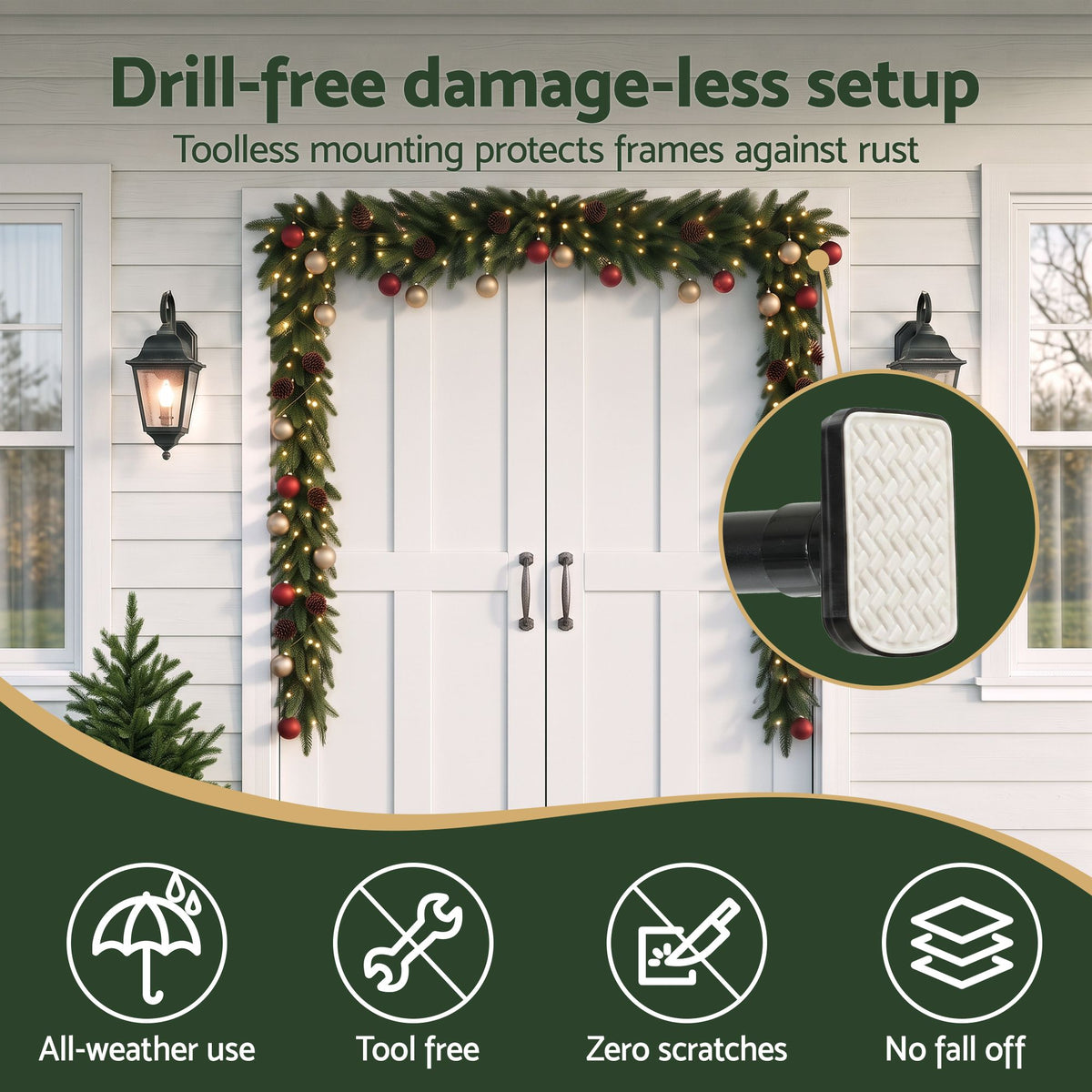 Black door garland hanger bar with protective end pad and curved hooks