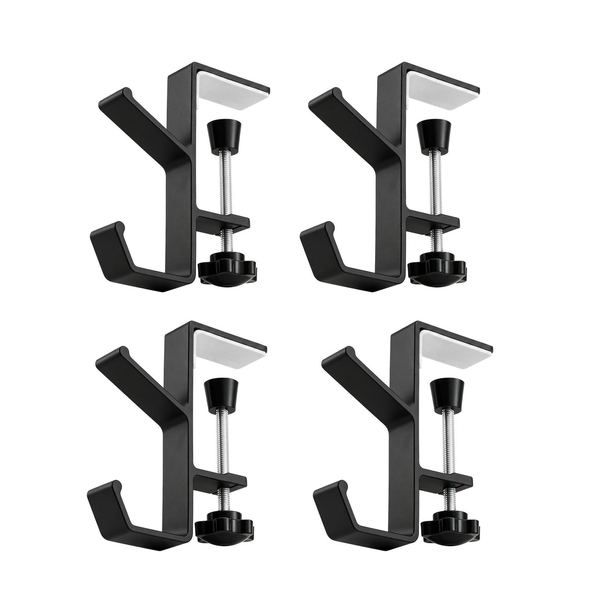 Set of four black drill-free utility hangers with hooks and threaded mounting posts
