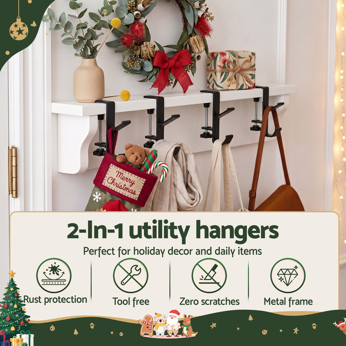 Four black drill-free hangers holding holiday stockings and garland on a mantel