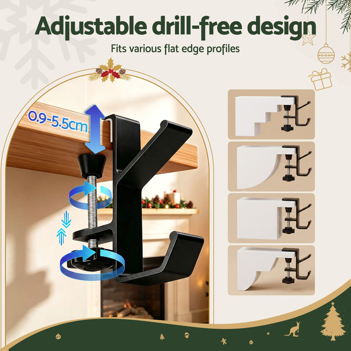 Black drill-free utility hanger featuring an adjustable clamp for flat edges