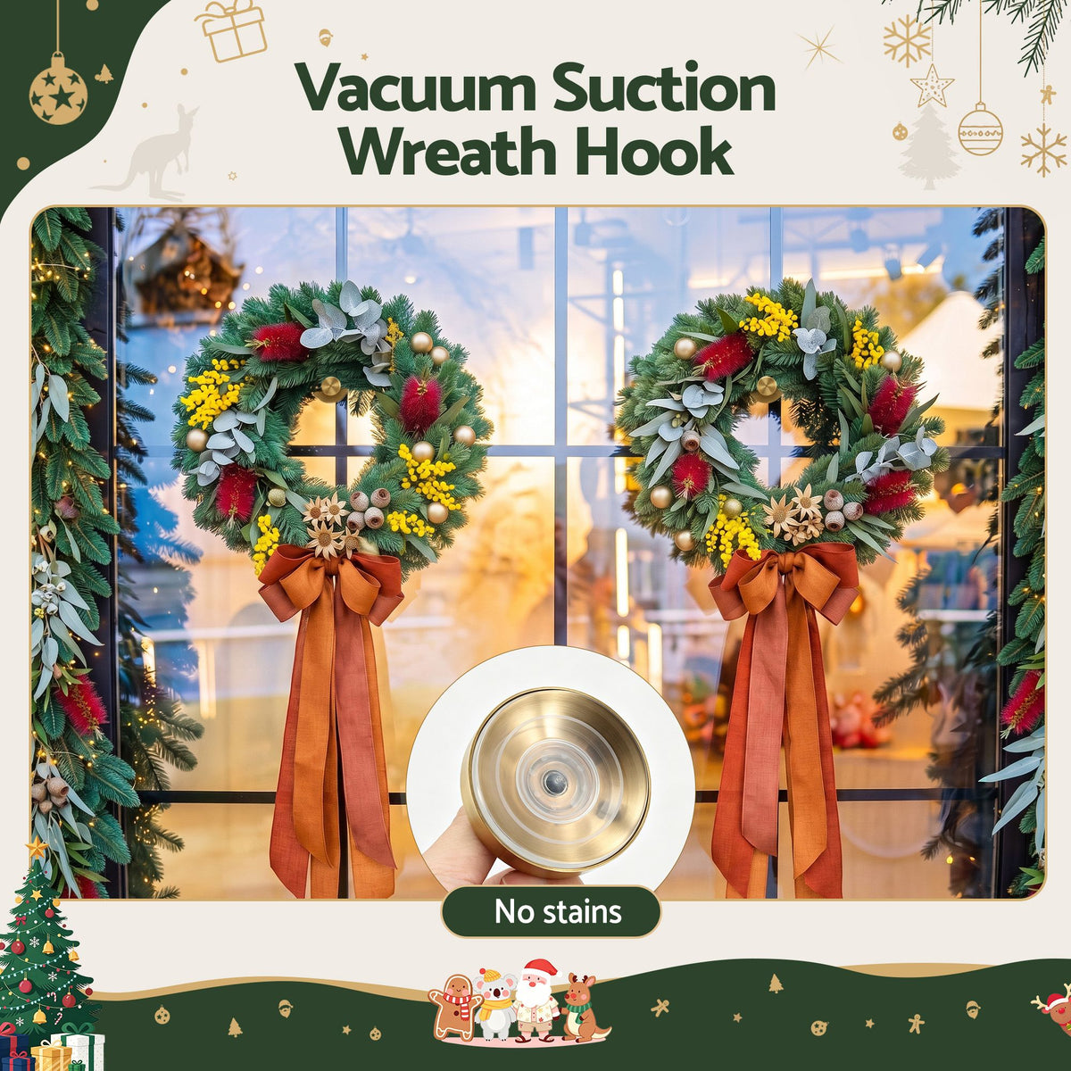 Gold vacuum suction wreath hook shown on a wreath display graphic