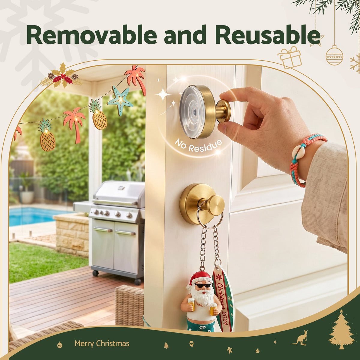Gold suction cup wreath hook with removable feature shown by a hand on a door