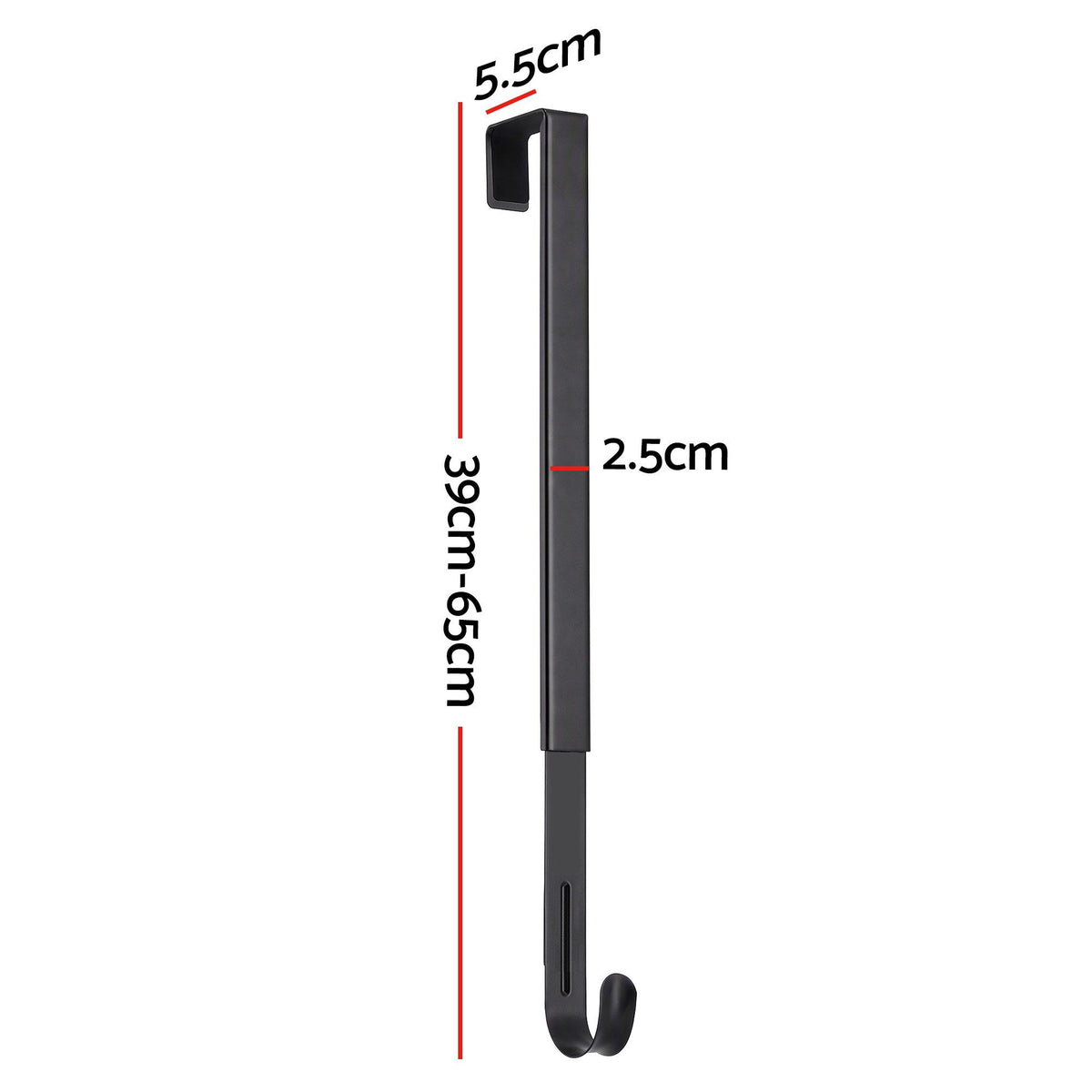 Black adjustable door hook wreath hanger with measurement arrows for size