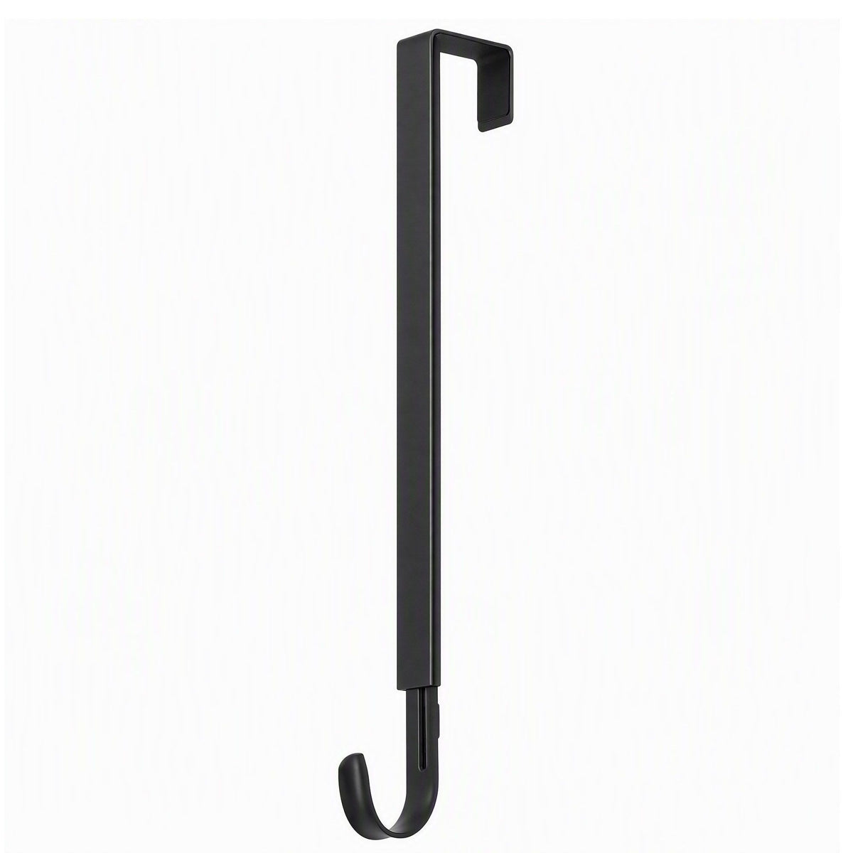 Black door hook wreath hanger with U-shaped end hook and top mounting tab