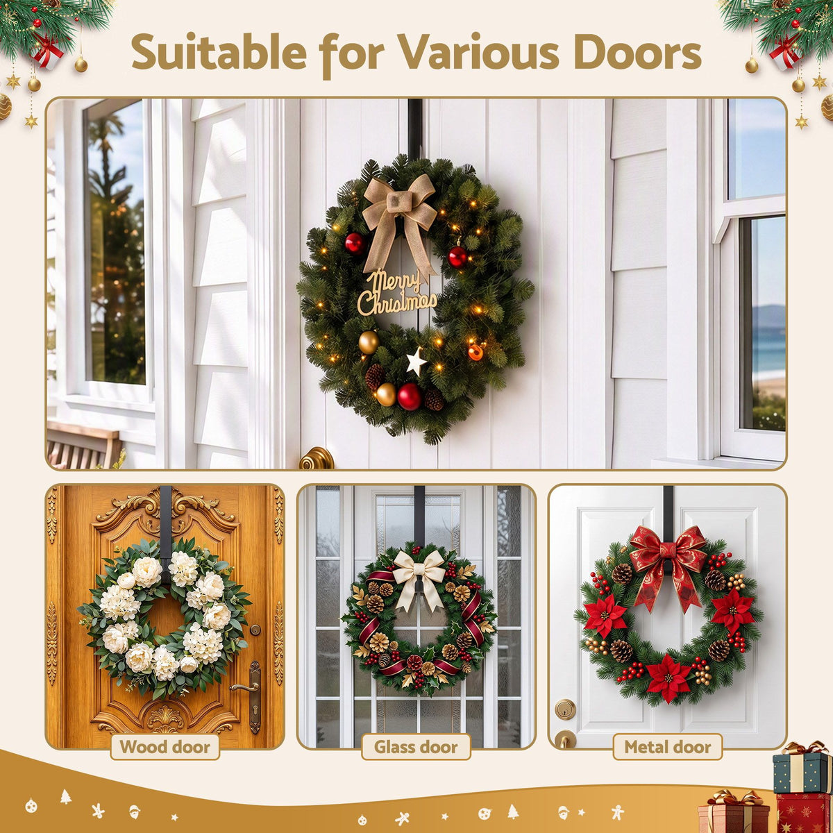 Black door hook wreath hanger holding a Christmas wreath on a front door