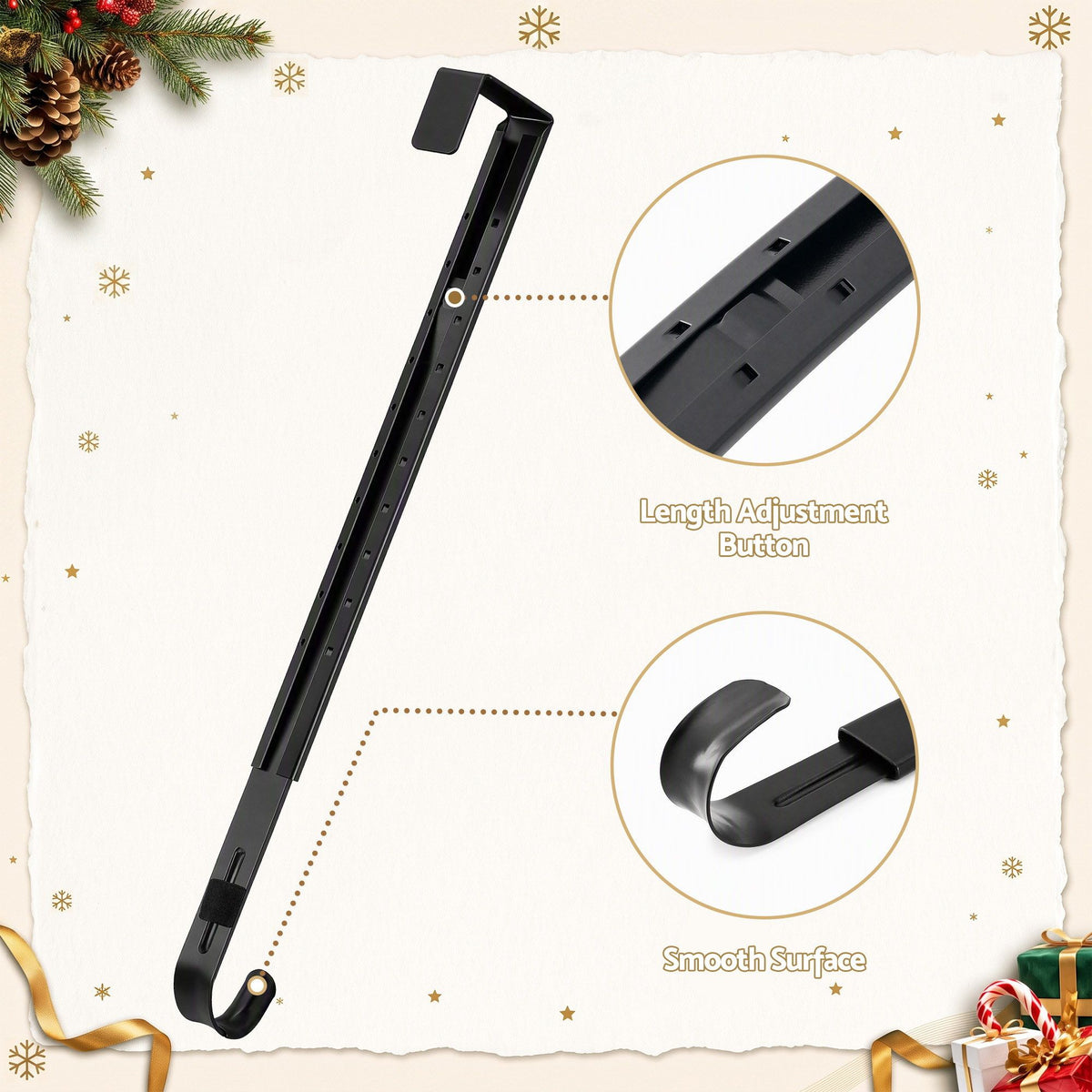 Black adjustable wreath hanger with length adjustment button and support slots