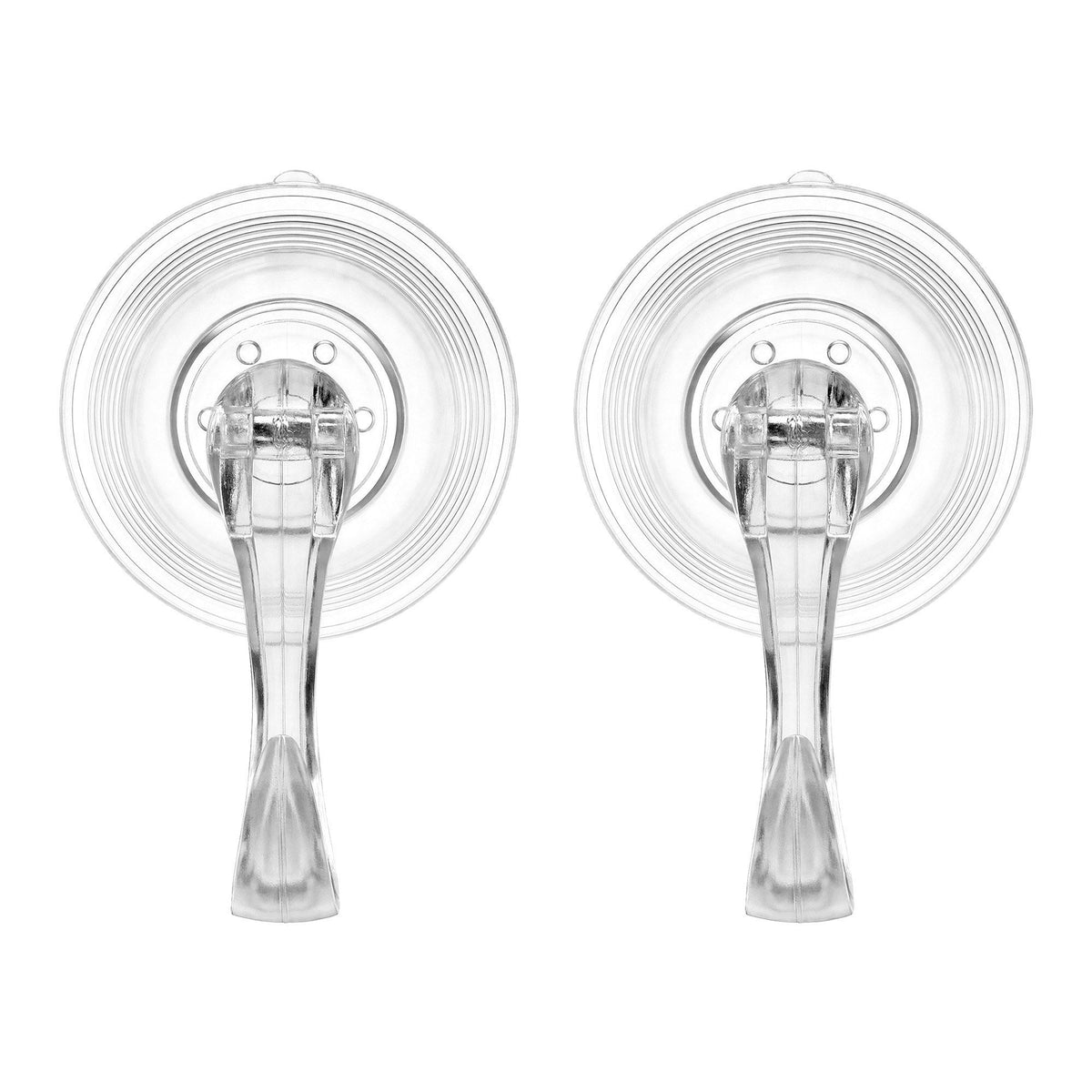 Two clear suction cup wreath hooks with hanging metal hooks, front view
