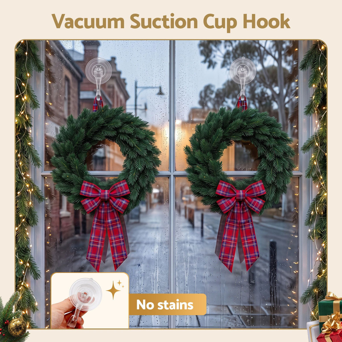 Clear suction cup wreath hooks holding a holiday wreath on a glass window
