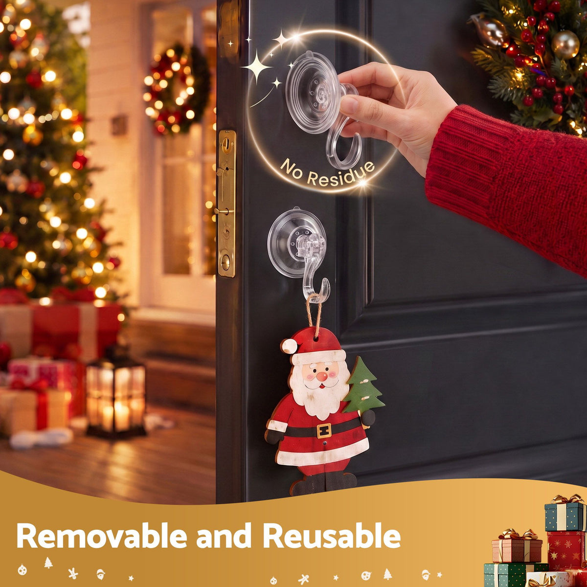 Clear suction cup hook mounted on a door with a small ornament hanging