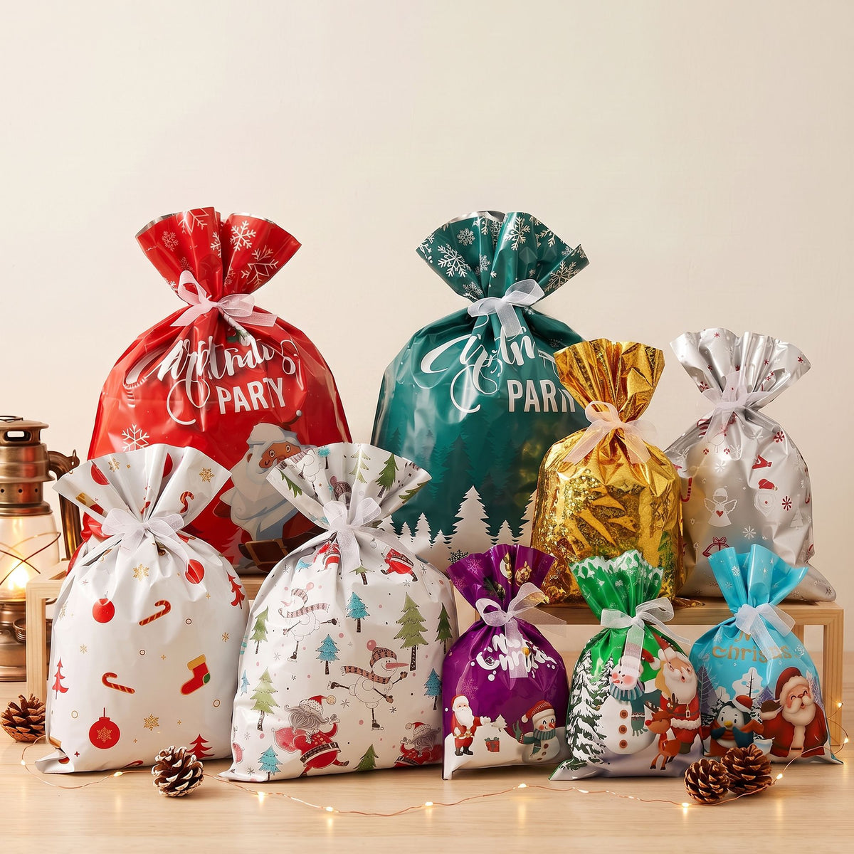 Set of Christmas gift bags, assorted sizes, printed Santa and tree designs, drawstring