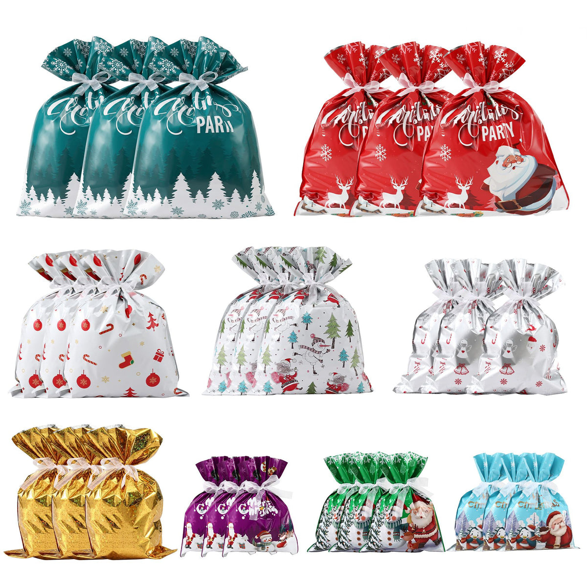 Set of Christmas gift bags with 9 patterns in red, teal, gold, purple, and white, drawstring