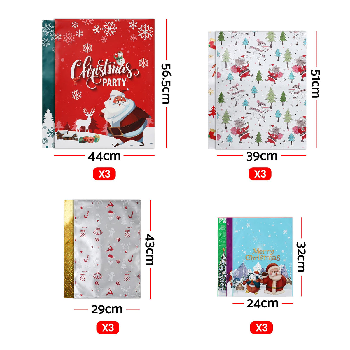 Christmas gift bag set size chart: 44 cm, 39 cm, 29 cm, and 24 cm