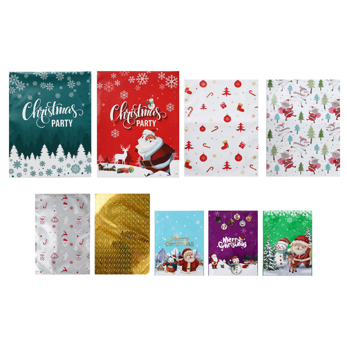 Christmas gift bag set with assorted prints, including Santa, reindeer, snowflakes, and trees