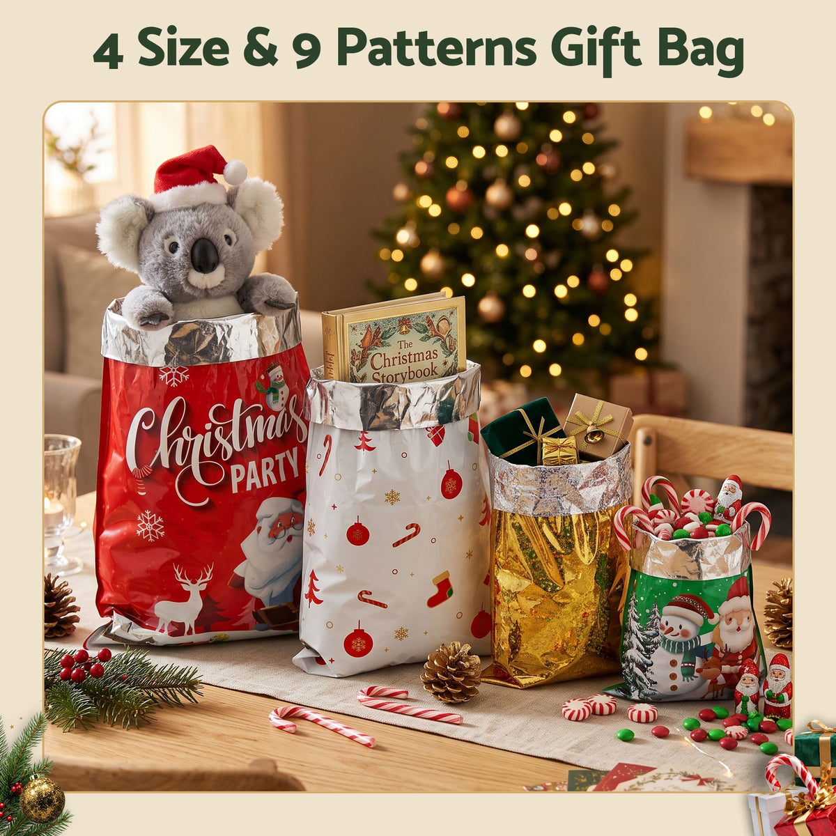 Christmas gift bag set featuring red, white, teal, and gold drawstring bags with Santa prints