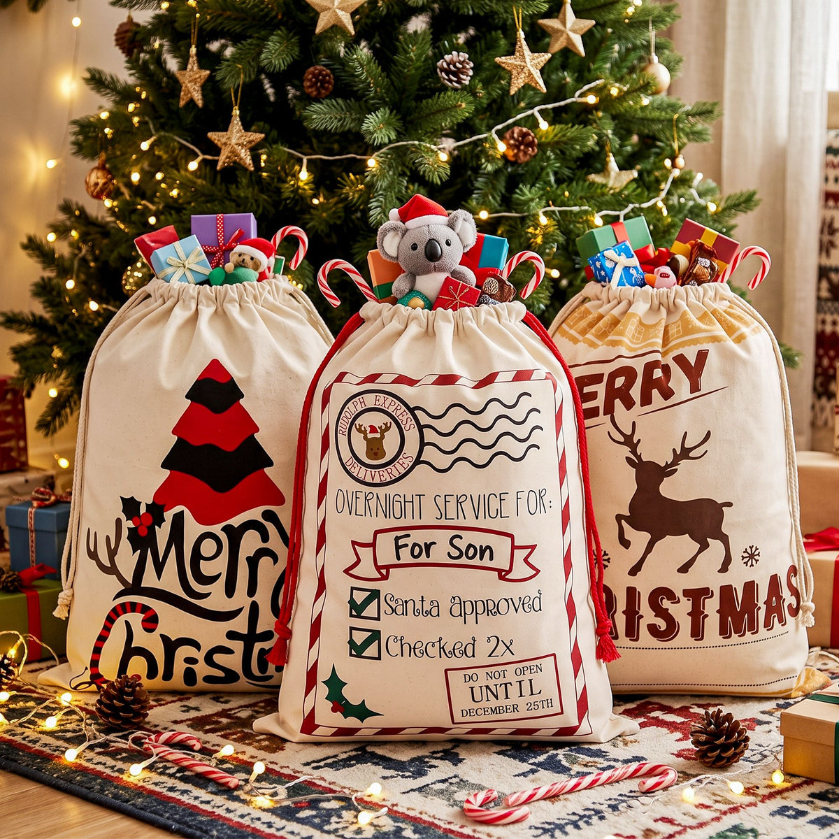 Three Santa-themed cream canvas drawstring gift sacks with Merry Christmas graphics