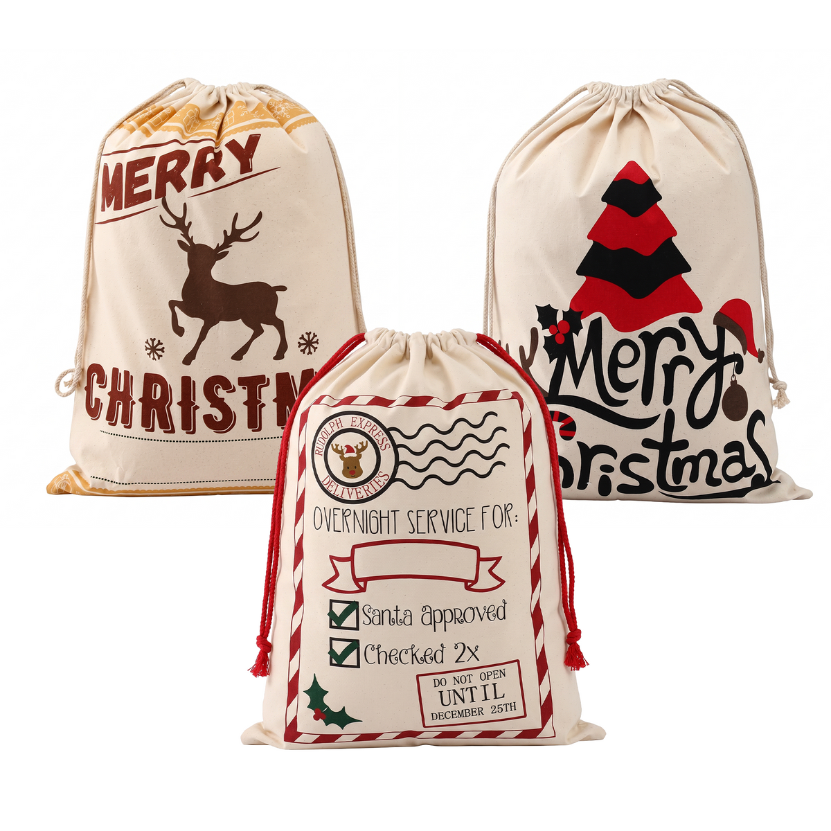 Three Santa-themed cream canvas drawstring gift sacks, front and rear views