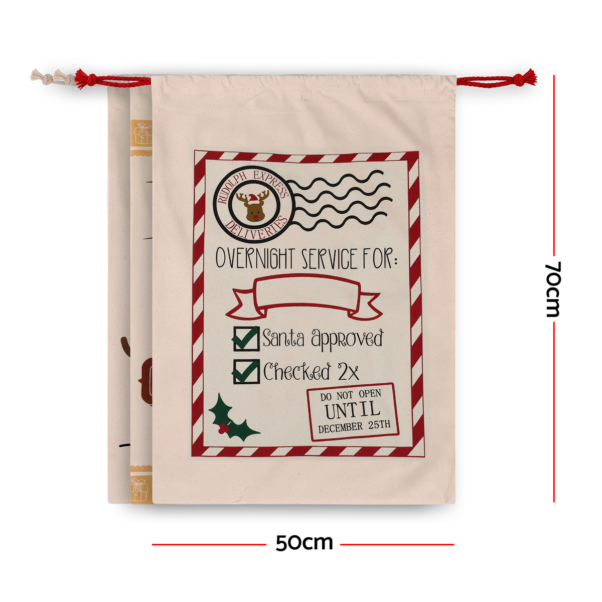Cream canvas drawstring sack with Santa note graphic and red border, for Christmas storage