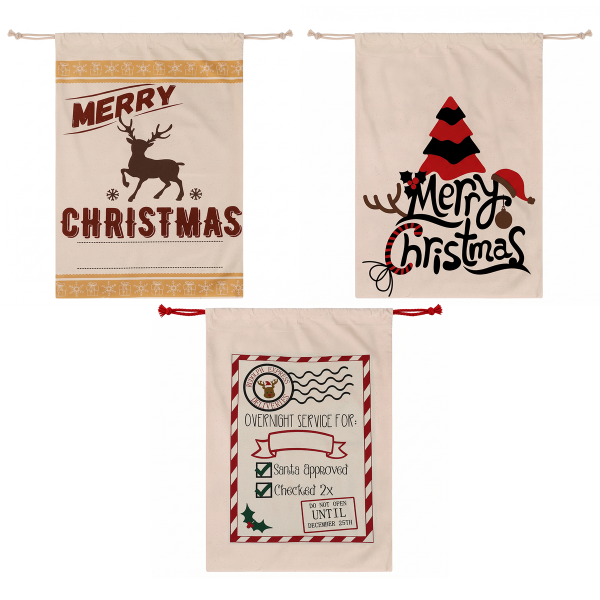 Set of three hanging Santa-themed canvas drawstring sacks, cream with Merry Christmas prints