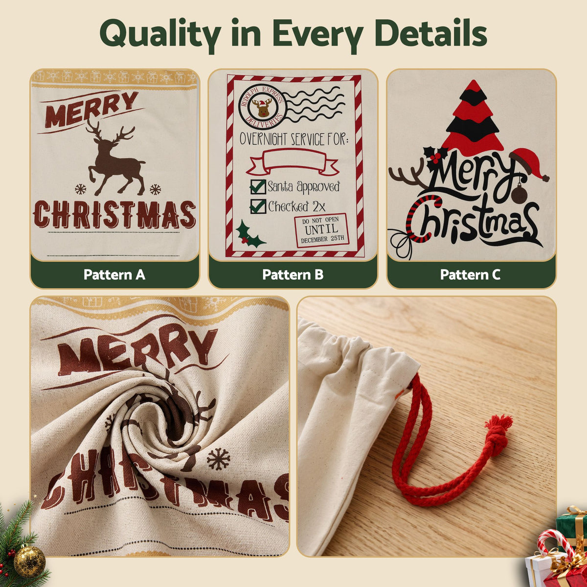 Christmas Santa canvas drawstring sack patterns A–C, with close-up fabric and red cord