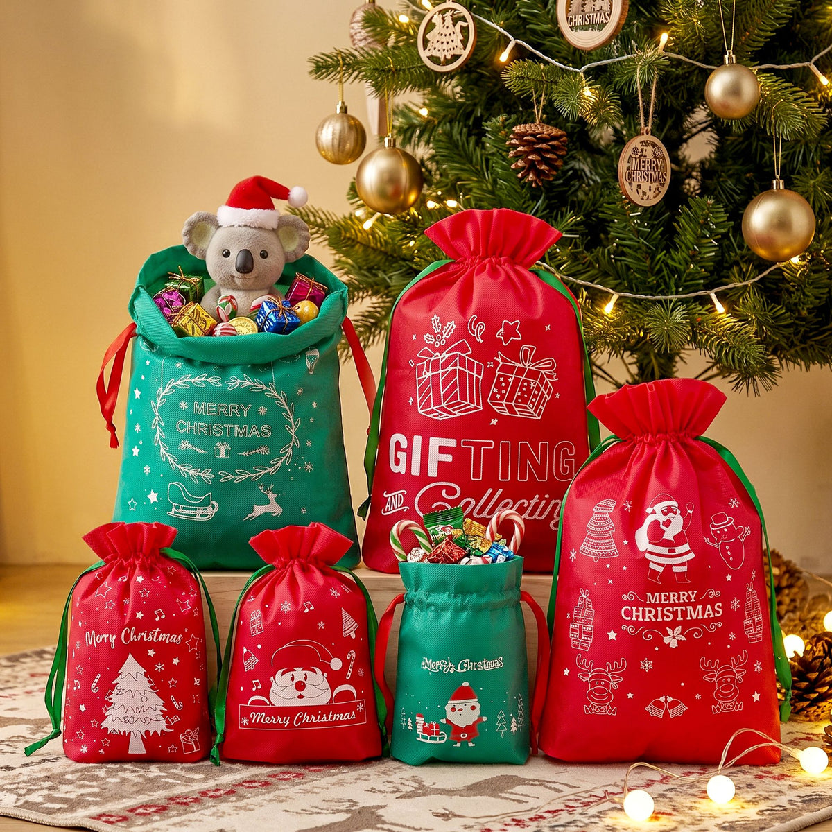 Reusable Christmas drawstring gift bags set of 6, teal and red with Santa graphics.