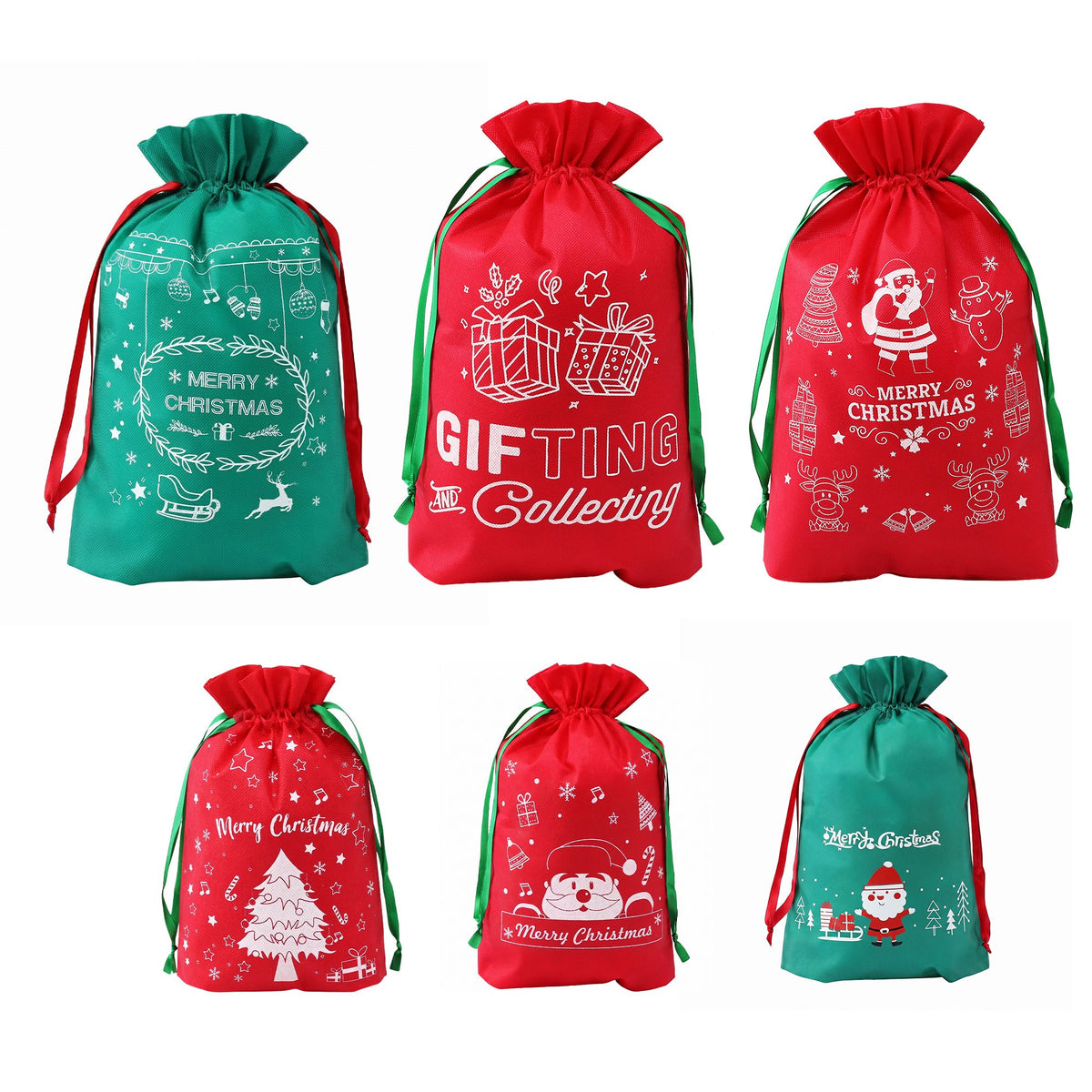 Six Christmas drawstring gift sacks, teal and red, with Merry Christmas and Santa designs.