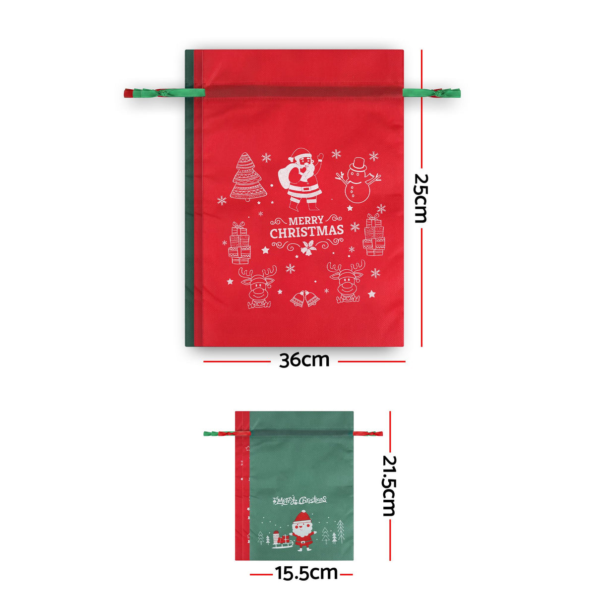 Christmas drawstring gift sack size guide: red bag shows 36cm by 12.5cm; small is 15.5cm.
