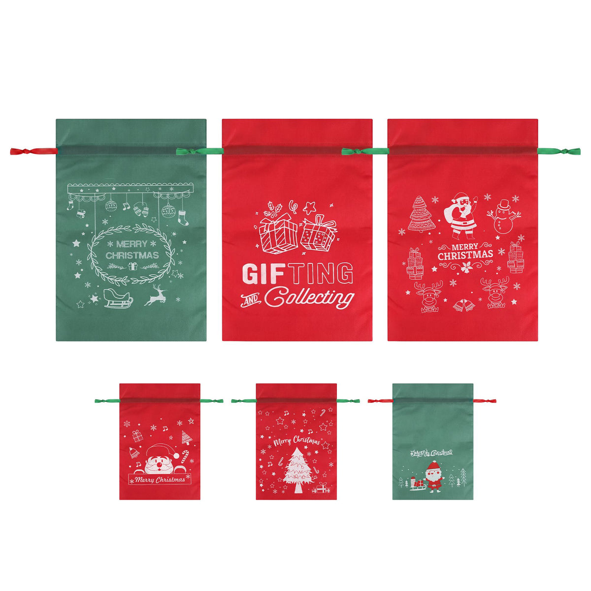 Six Christmas drawstring gift bags, green and red, with assorted festive Merry Christmas prints.