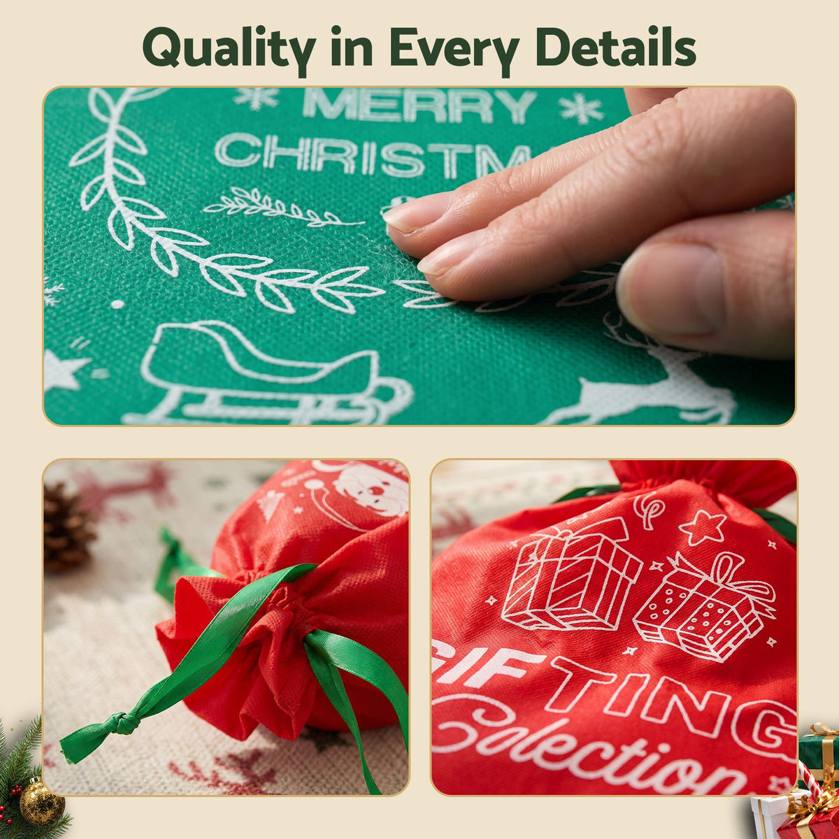 Green and red Christmas drawstring gift bags with textured fabric and festive holiday print.