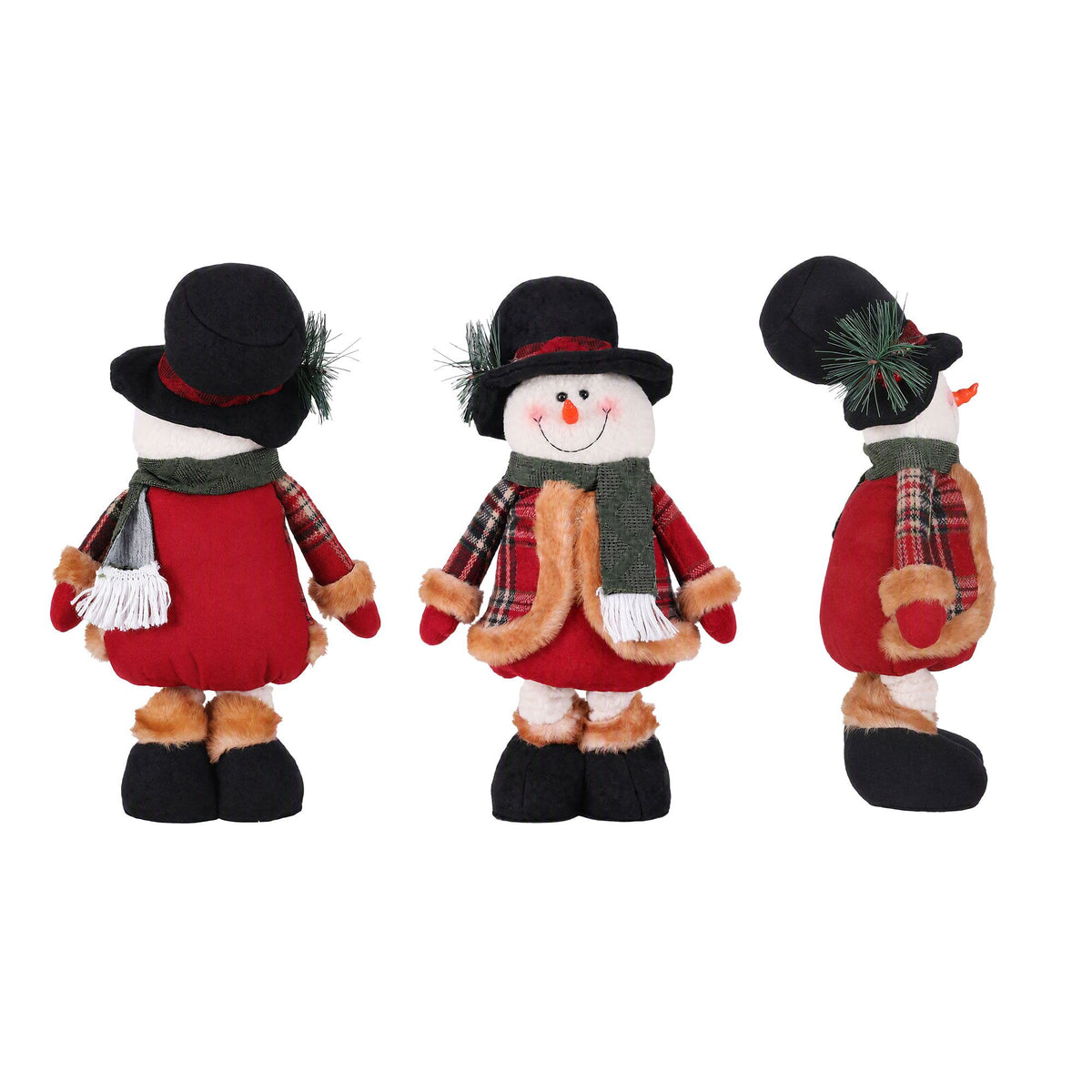 Plush snowman decoration wearing black hat, red dress, plaid scarf and mittens