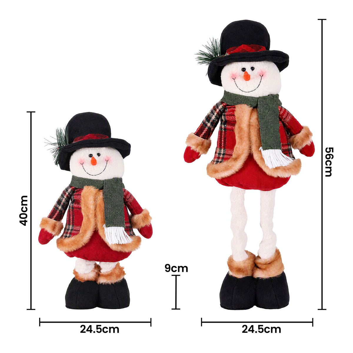 Standing plush snowman decoration in black top hat and red plaid outfit with white trim