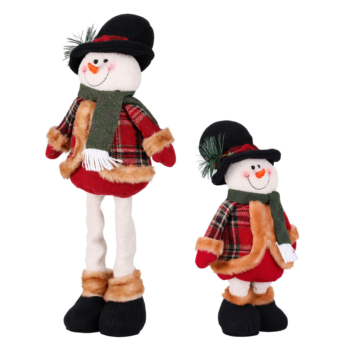 Pair of plush snowman decorations with black hats, green scarves, red plaid outfits