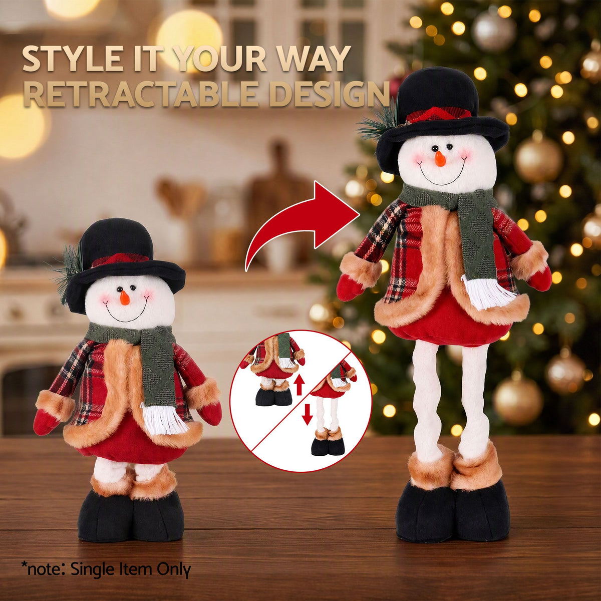 Plush snowman decoration with black hat and red plaid outfit, full-body standing
